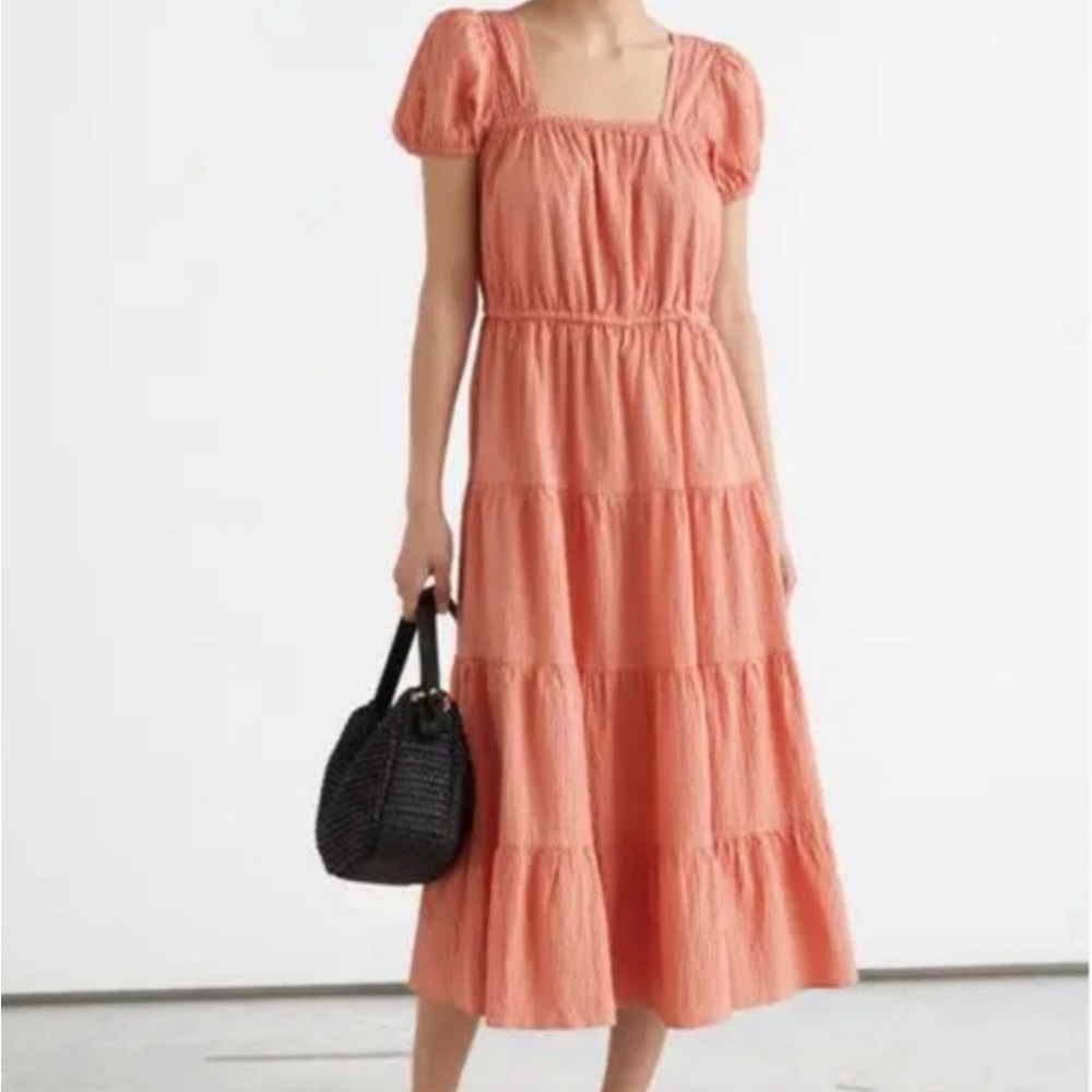 NWT  & Other Stories Coral midi dress w puff sleeves
